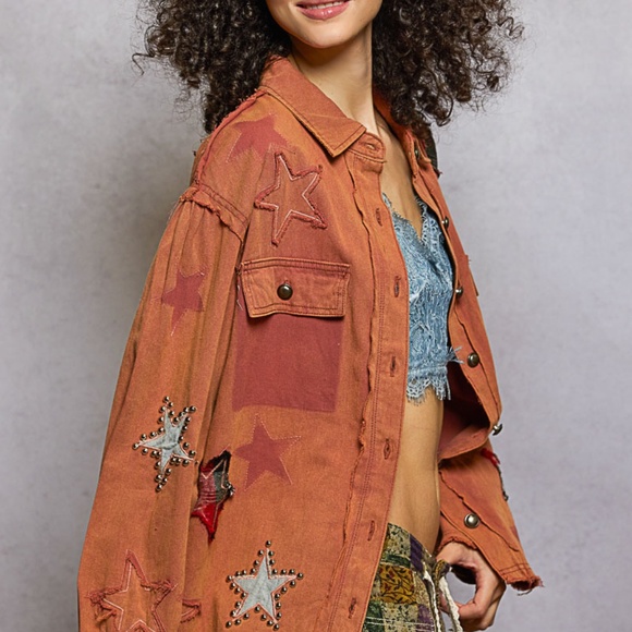 New Pol Denim Shacket Top Button Shirt Women Stars Boho Anthropologie Terra Cota - Picture 11 of 13